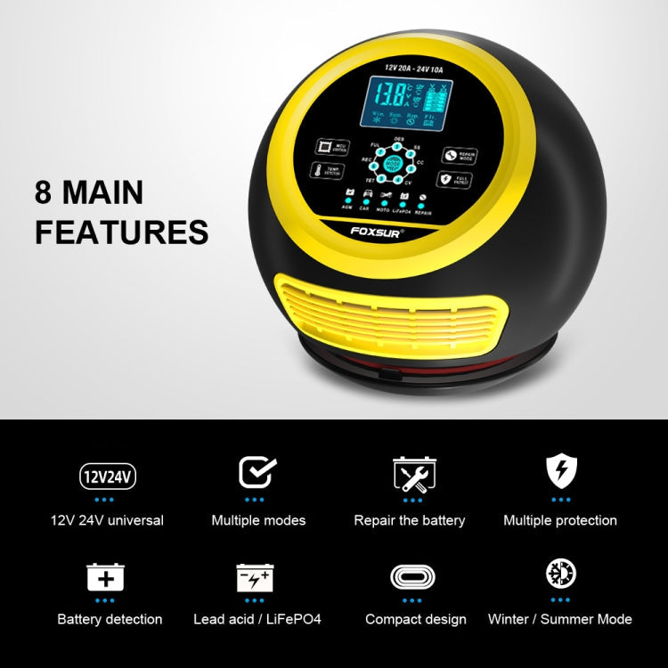 FOXSUR 20A 12V 24V Car / Motorcycle Smart Battery Charger, Plug Type:EU Plug(Yellow)