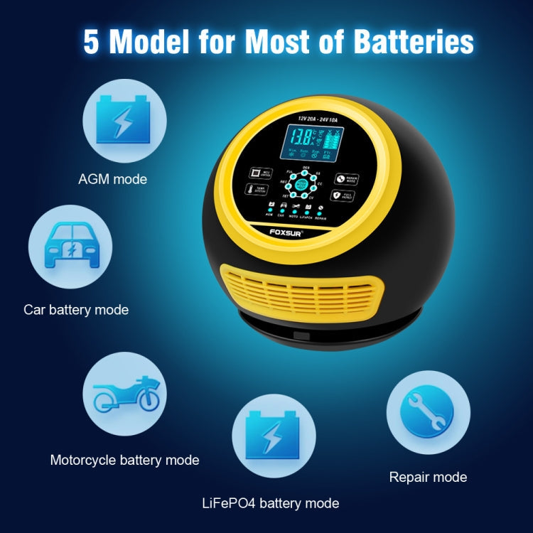 FOXSUR 20A 12V 24V Car / Motorcycle Smart Battery Charger, Plug Type:EU Plug(Yellow)