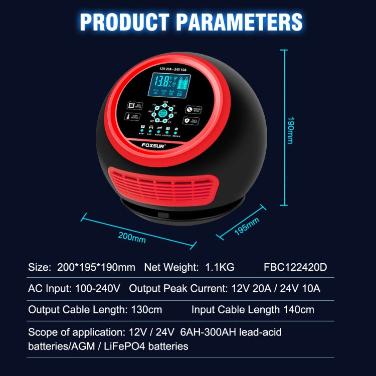 FOXSUR 20A 12V 24V Car / Motorcycle Smart Battery Charger, Plug Type:US Plug(Red)