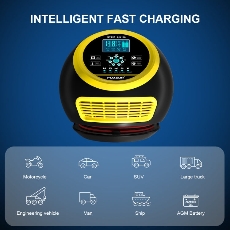 FOXSUR 20A 12V 24V Car / Motorcycle Smart Battery Charger, Plug Type:US Plug(Yellow)