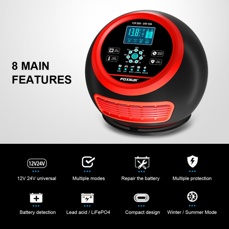 FOXSUR 20A 12V 24V Car / Motorcycle Smart Battery Charger, Plug Type:UK Plug(Red)