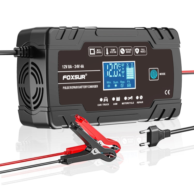 FOXSUR 8A 12V 24V Car / Motorcycle Smart Battery Charger, Plug Type:EU Plug(Black)