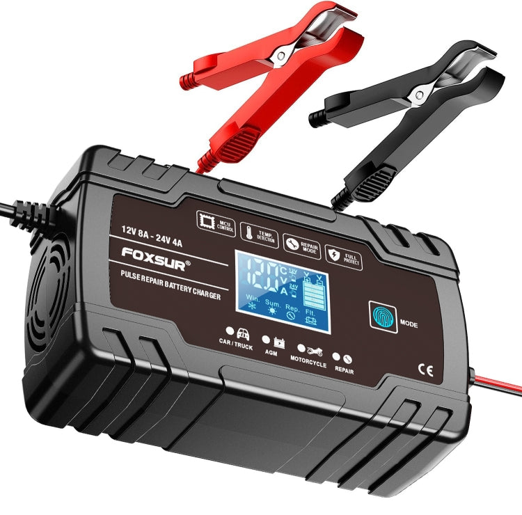 FOXSUR 8A 12V 24V Car / Motorcycle Smart Battery Charger, Plug Type:EU Plug(Black)