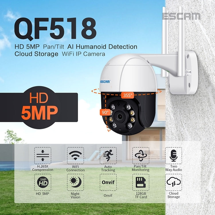 ESCAM QF518 5MP Smart WiFi IP Camera, Support AI Humanoid Detection / Auto Tracking / Dual Light Night Vision / Cloud Storage / Two Way Audio / TF Card, Plug:UK Plug(White)
