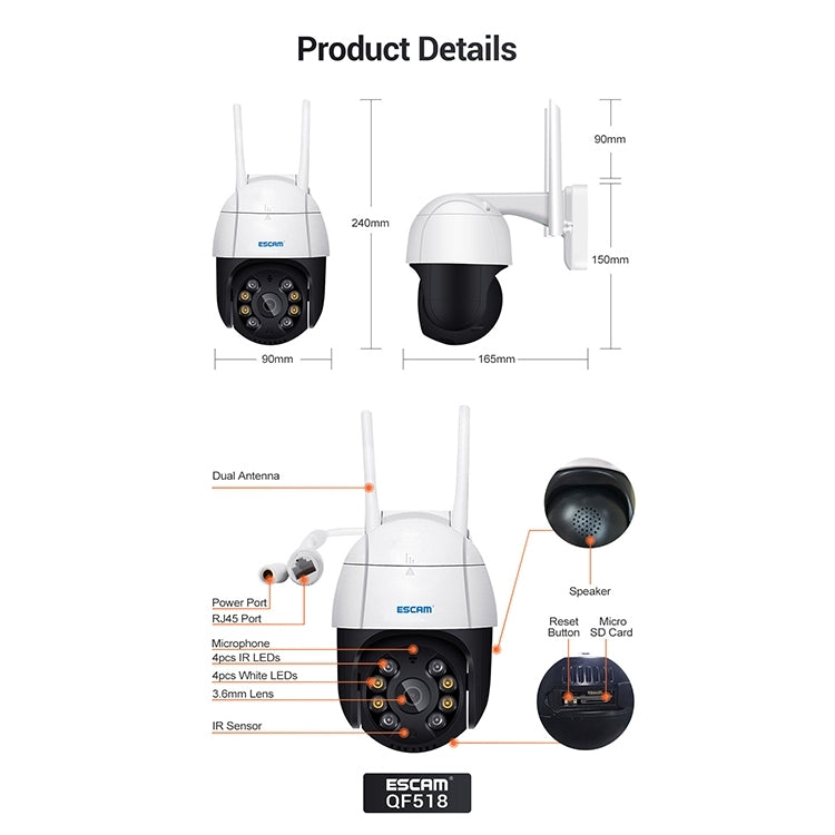 ESCAM QF518 5MP Smart WiFi IP Camera, Support AI Humanoid Detection / Auto Tracking / Dual Light Night Vision / Cloud Storage / Two Way Audio / TF Card, Plug:AU Plug(White)