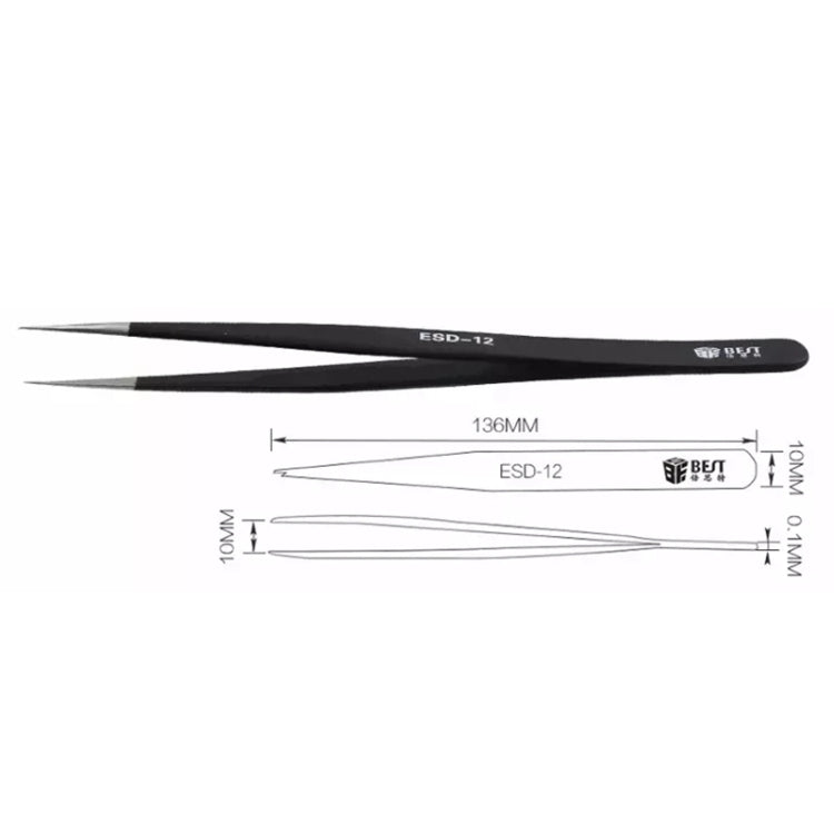 BEST BST-12 Precision Anti-static ESD Stainless Steel Tweezers