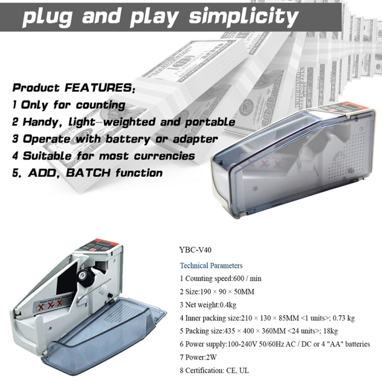 V40 Handheld Mini Portable Small Money Counting Machine, Specification: US Plug