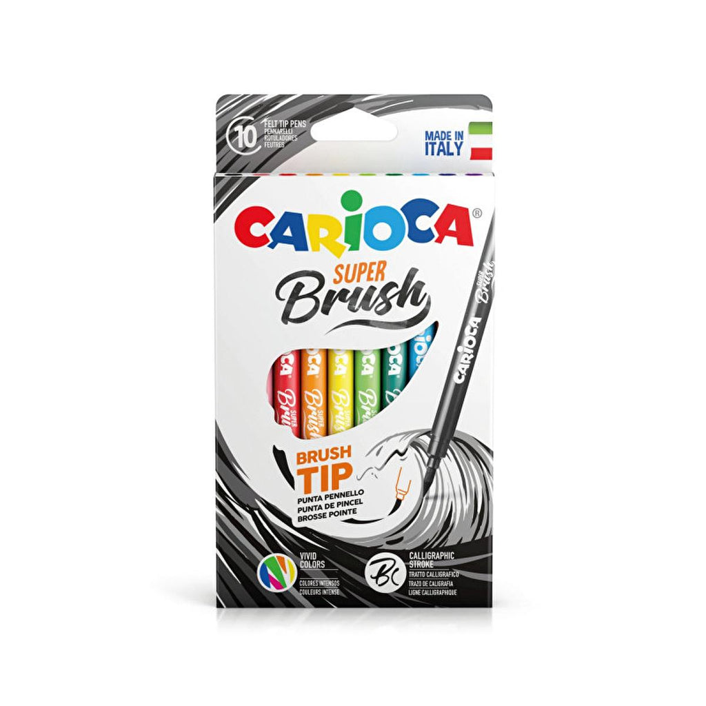 Carioca Super Brush Felt Tip Pens 10-Pack - Washable Ink Brush Pens for Artistic Designs