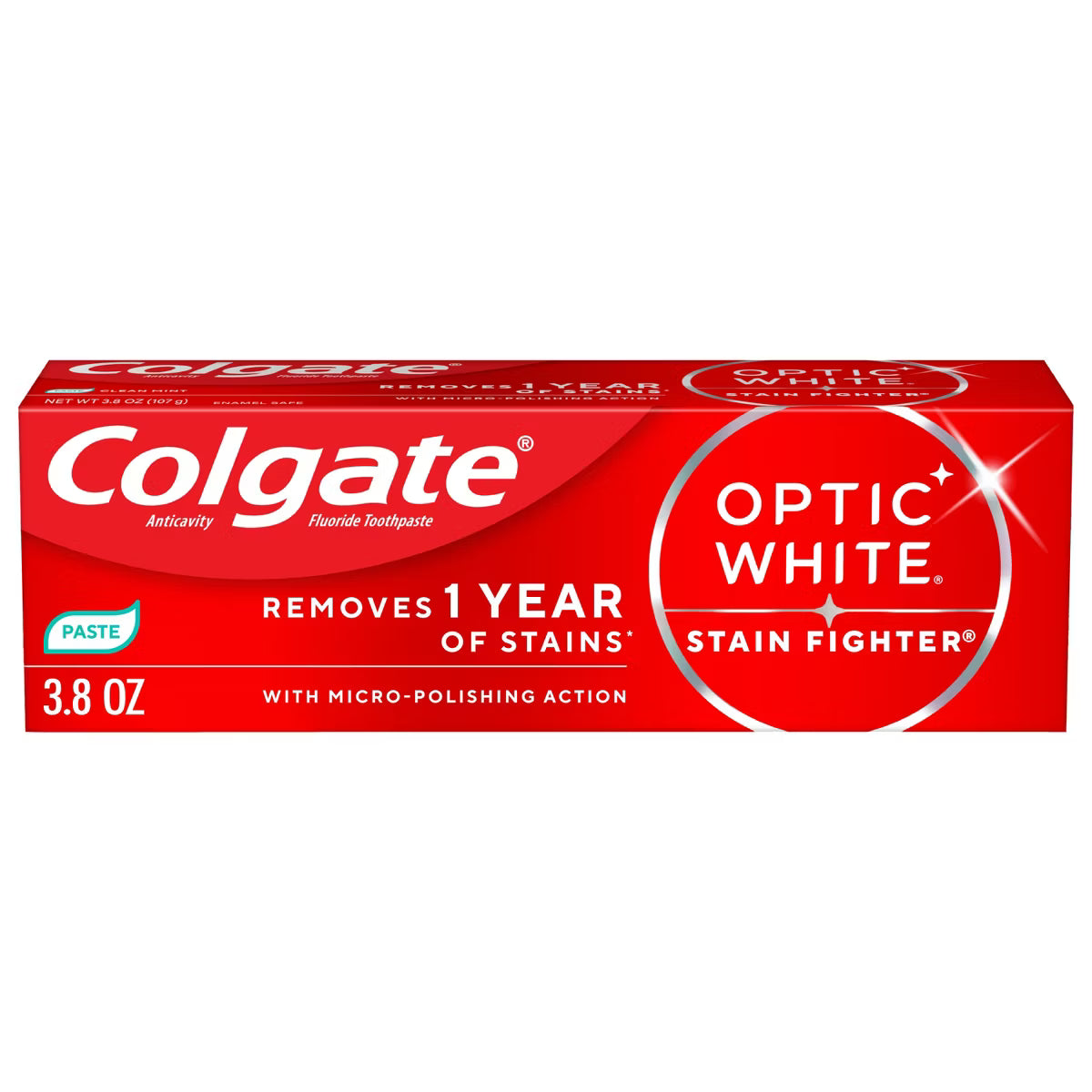 Colgate Optic White Stain Fighter Clean Mint Paste Teeth Whitening Anticavity Toothpaste 3.8 Oz