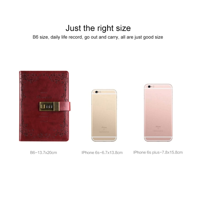 B6 Retro PU Cover Notebook Diary Book with Password Lock(Wine Red)