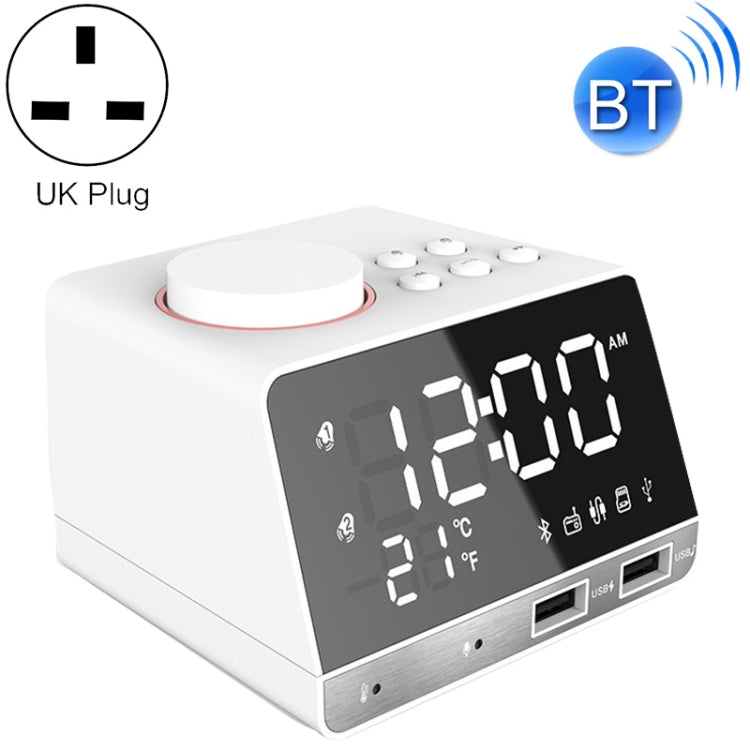 K11 Bluetooth Alarm Clock Speaker Creative Digital Music Clock Display Radio with Dual USB Interface, Support U Disk / TF Card / FM / AUX, UK Plug(White)