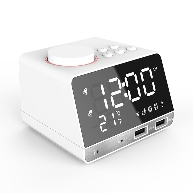 K11 Bluetooth Alarm Clock Speaker Creative Digital Music Clock Display Radio with Dual USB Interface, Support U Disk / TF Card / FM / AUX, UK Plug(White)