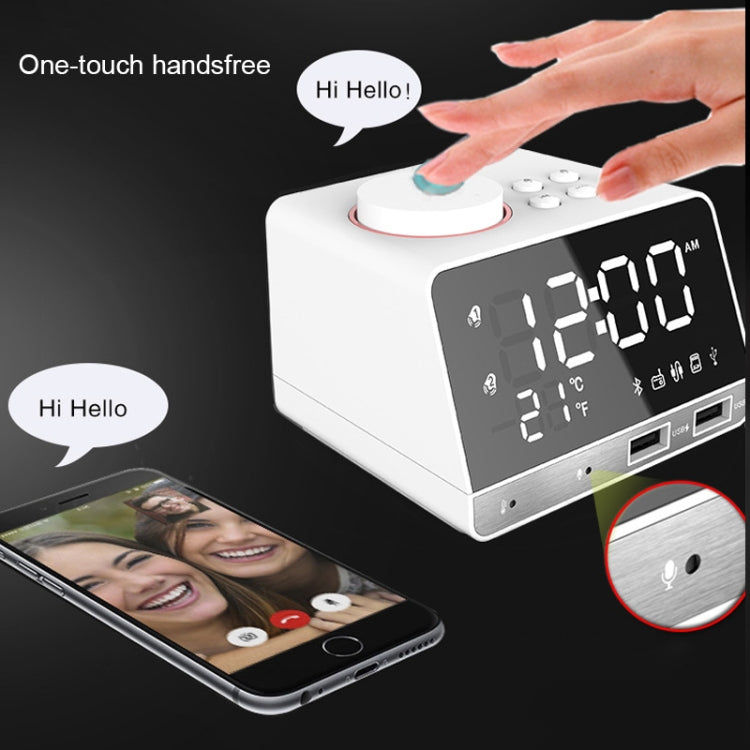 K11 Bluetooth Alarm Clock Speaker Creative Digital Music Clock Display Radio with Dual USB Interface, Support U Disk / TF Card / FM / AUX, UK Plug(White)