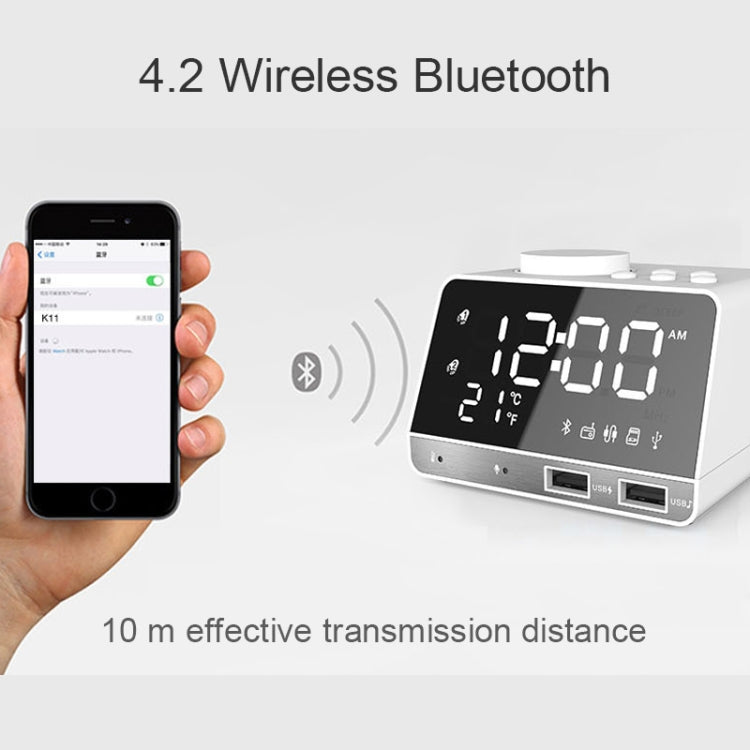 K11 Bluetooth Alarm Clock Speaker Creative Digital Music Clock Display Radio with Dual USB Interface, Support U Disk / TF Card / FM / AUX, UK Plug(White)
