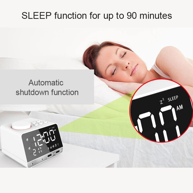 K11 Bluetooth Alarm Clock Speaker Creative Digital Music Clock Display Radio with Dual USB Interface, Support U Disk / TF Card / FM / AUX, UK Plug(White)