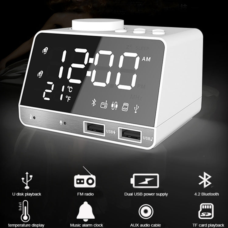 K11 Bluetooth Alarm Clock Speaker Creative Digital Music Clock Display Radio with Dual USB Interface, Support U Disk / TF Card / FM / AUX, UK Plug(White)