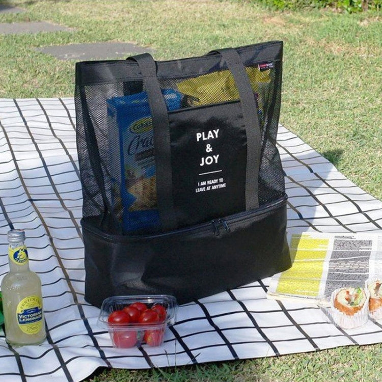 Portable Double Layer Mesh Sport Duffel Beach Picnic Shoulder Storage Bag Handbag(Black)