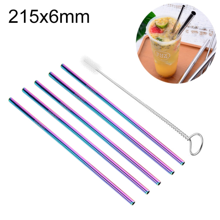 5pcs Reusable Stainless Steel Straight Drinking Straw + Cleaner Brush Set Kit,  215*6mm(Colour)
