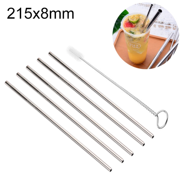 5pcs Reusable Stainless Steel Straight Drinking Straw + Cleaner Brush Set Kit,  215*8mm(Silver)