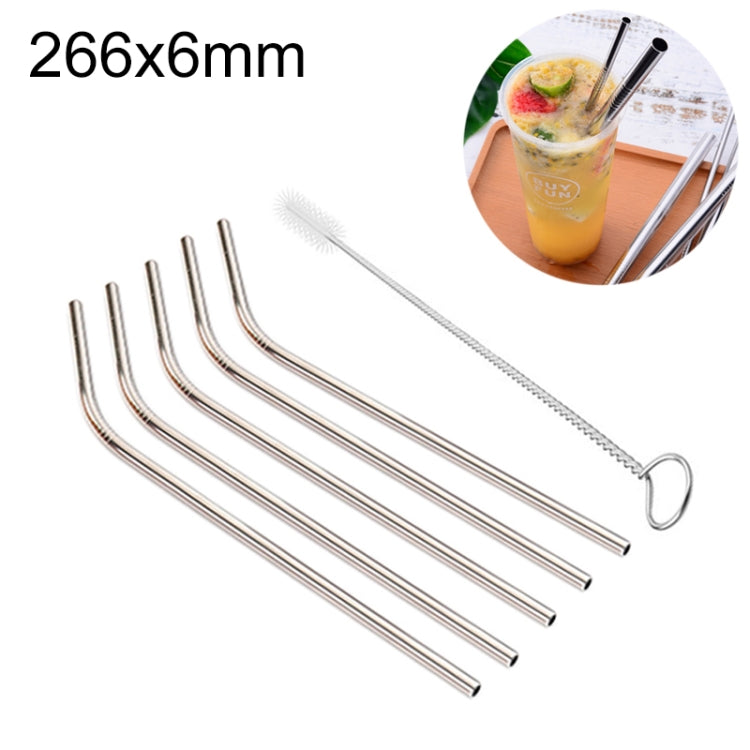 5pcs Reusable Stainless Steel Bent Drinking Straw + Cleaner Brush Set Kit,  266*6mm(Silver)