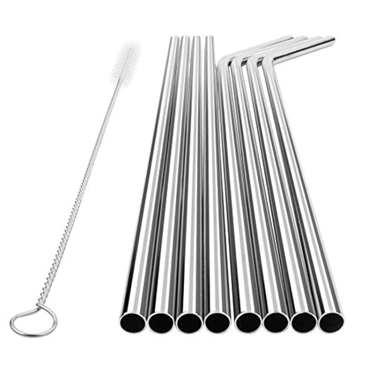 5pcs Reusable Stainless Steel Bent Drinking Straw + Cleaner Brush Set Kit,  266*6mm(Silver)