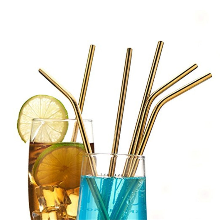 5pcs Reusable Stainless Steel Bent Drinking Straw + Cleaner Brush Set Kit,  266*6mm(Silver)