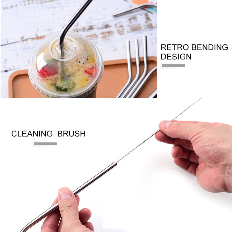 5pcs Reusable Stainless Steel Bent Drinking Straw + Cleaner Brush Set Kit,  266*6mm(Silver)