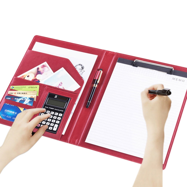 Office Supplies Business Style Leather Document Folder with 30-pages A4 Note Pad & Calculator (Red)