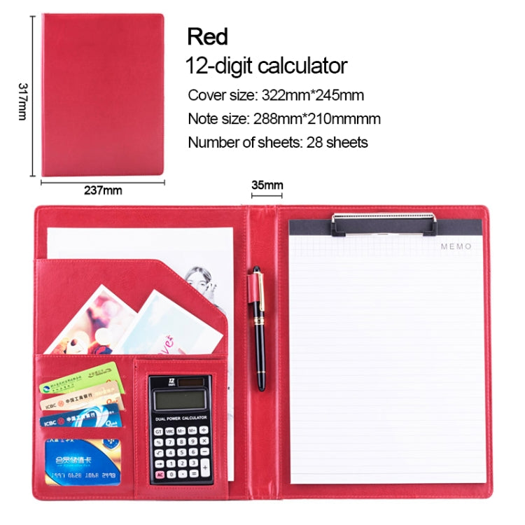 Office Supplies Business Style Leather Document Folder with 30-pages A4 Note Pad & Calculator (Red)