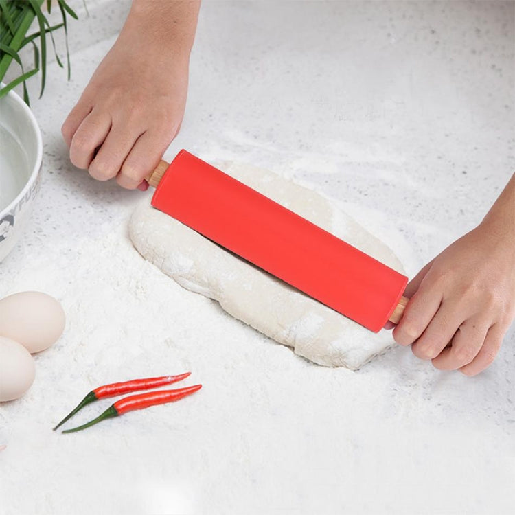 kn055 Solid Wooden Handle Silicone Rolling Pin Non-stick Food Dumpling Stick, Length: 29cm, Random Color Delivery