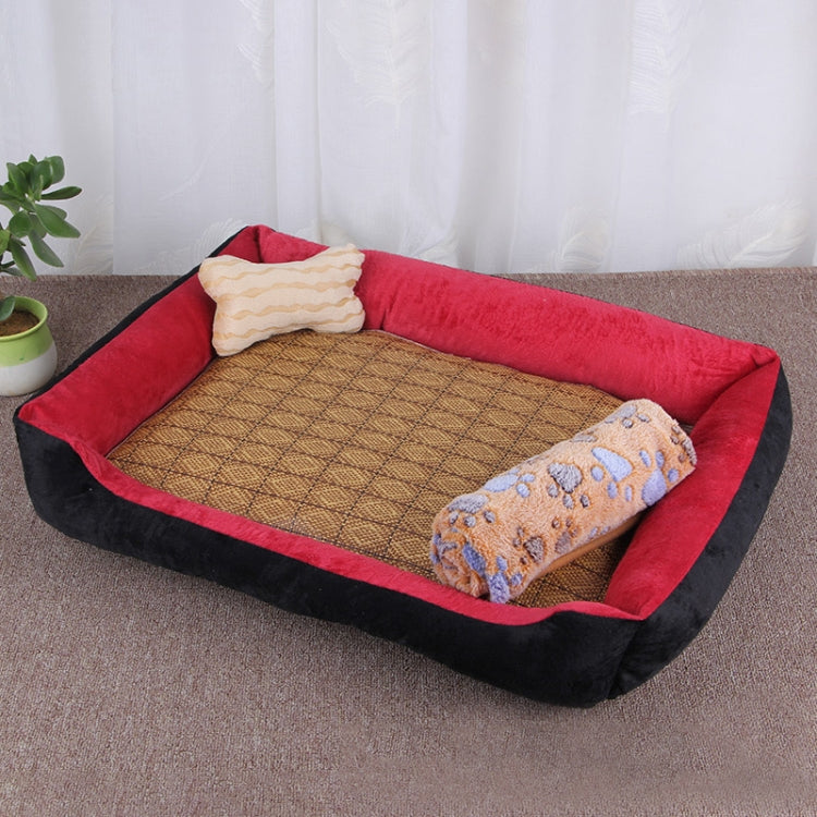 Dog Bone Pattern Big Soft Warm Kennel Pet Dog Cat Mat Blanket, with Rattan Mat & Blanket Size: XS, 50×40×15cm (Black Red)