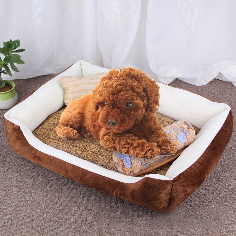 Dog Bone Pattern Big Soft Warm Kennel Pet Dog Cat Mat Blanket, with Rattan Mat & Blanket Size: XS, 50×40×15cm (Brown White)