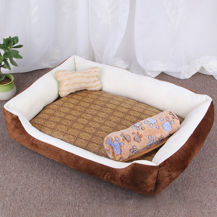 Dog Bone Pattern Big Soft Warm Kennel Pet Dog Cat Mat Blanket, with Rattan Mat & Blanket Size: XS, 50×40×15cm (Brown White)