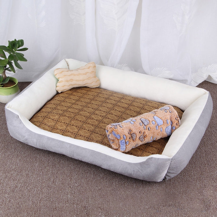 Dog Bone Pattern Big Soft Warm Kennel Pet Dog Cat Mat Blanket,with Rattan Mat & Blanket Size: XXS, 45×30×15cm (Grey White)