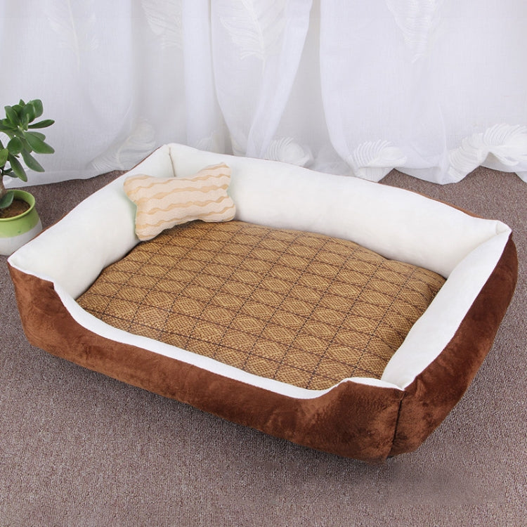 Dog Bone Pattern Big Soft Warm Kennel Pet Dog Cat Mat Blanket, with Rattan Mat Size: M, 70×50×15cm (Brown White)