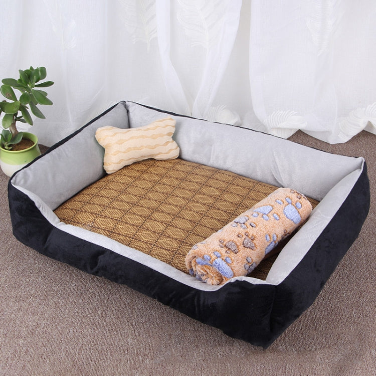 Dog Bone Pattern Big Soft Warm Kennel Pet Dog Cat Mat Blanket, with Rattan Mat & Blanket Size: M, 70×50×15cm (Black Grey)