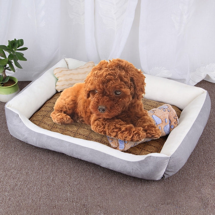 Dog Bone Pattern Big Soft Warm Kennel Pet Dog Cat Mat Blanket, with Rattan Mat & Blanket Size: M, 70×50×15cm (Grey White)