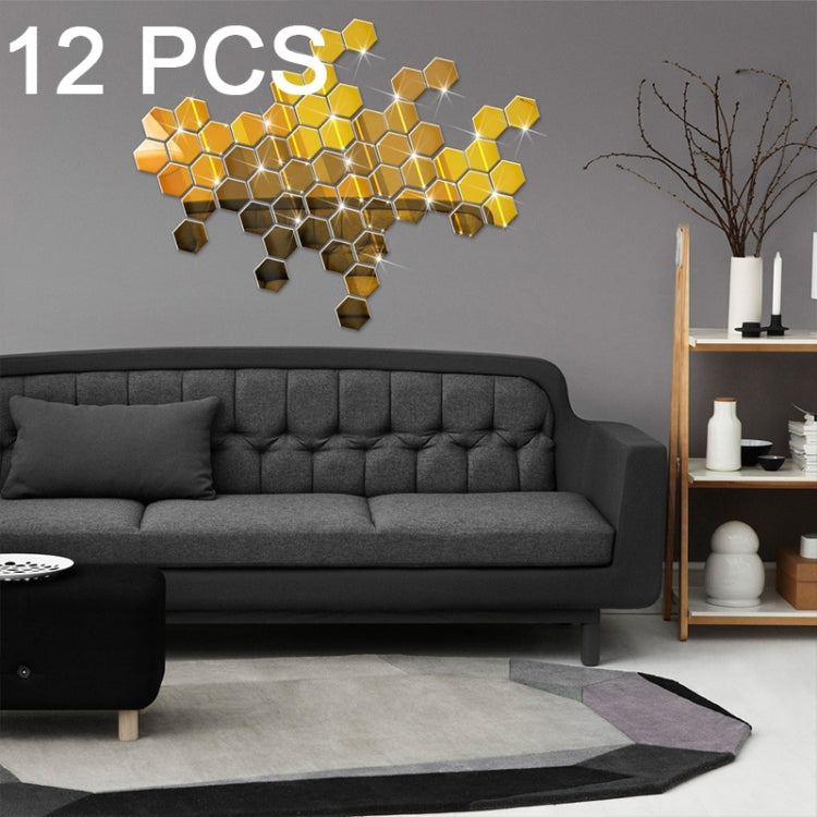 12 PCS 3D Hexagonal Mirror Wall Stickers Set, Size: 4*4cm(Gold)
