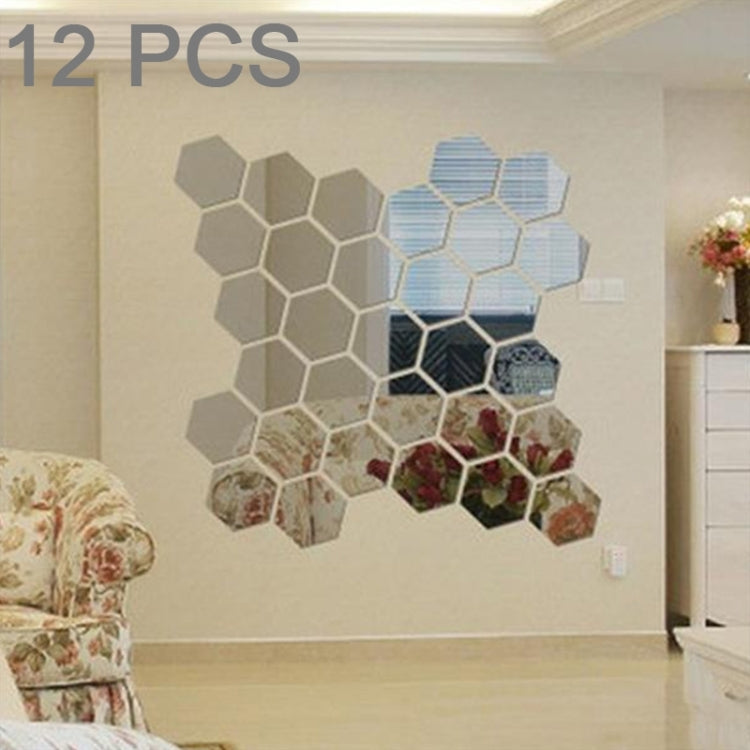 12 PCS 3D Hexagonal Mirror Wall Stickers Set, Size: 4*4cm(Silver)
