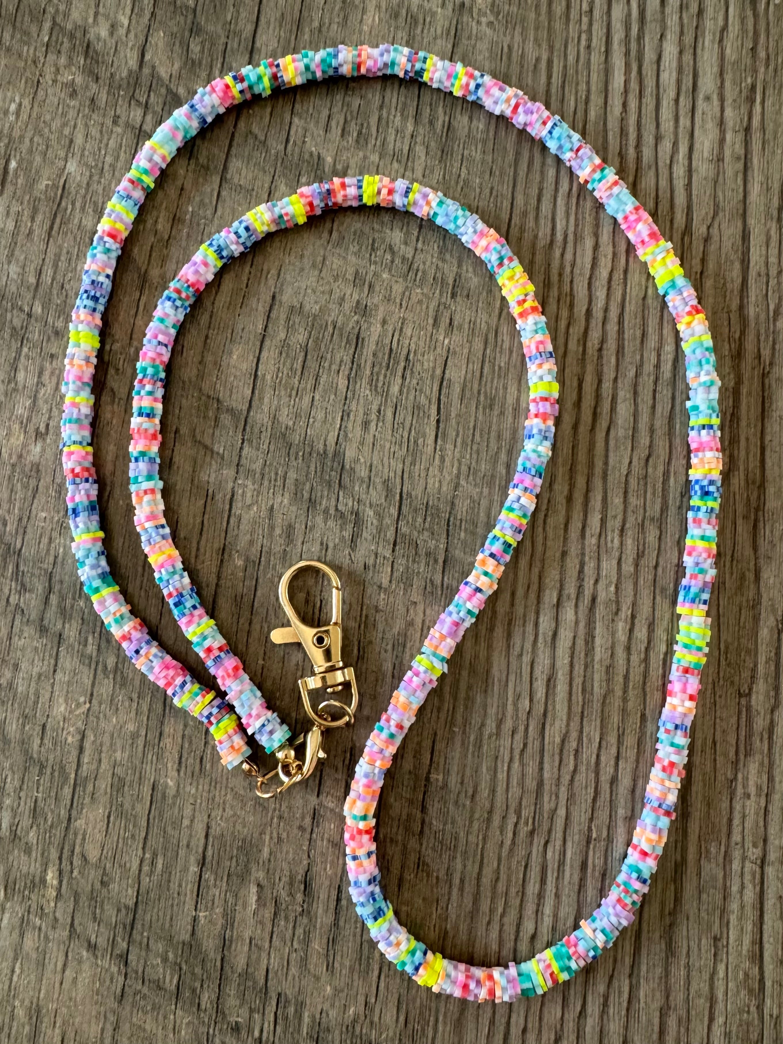 Neon Rainbow Soft Polymer Clay Beaded ID Badge Lanyard / Crossbody Phone Strap / Keychain