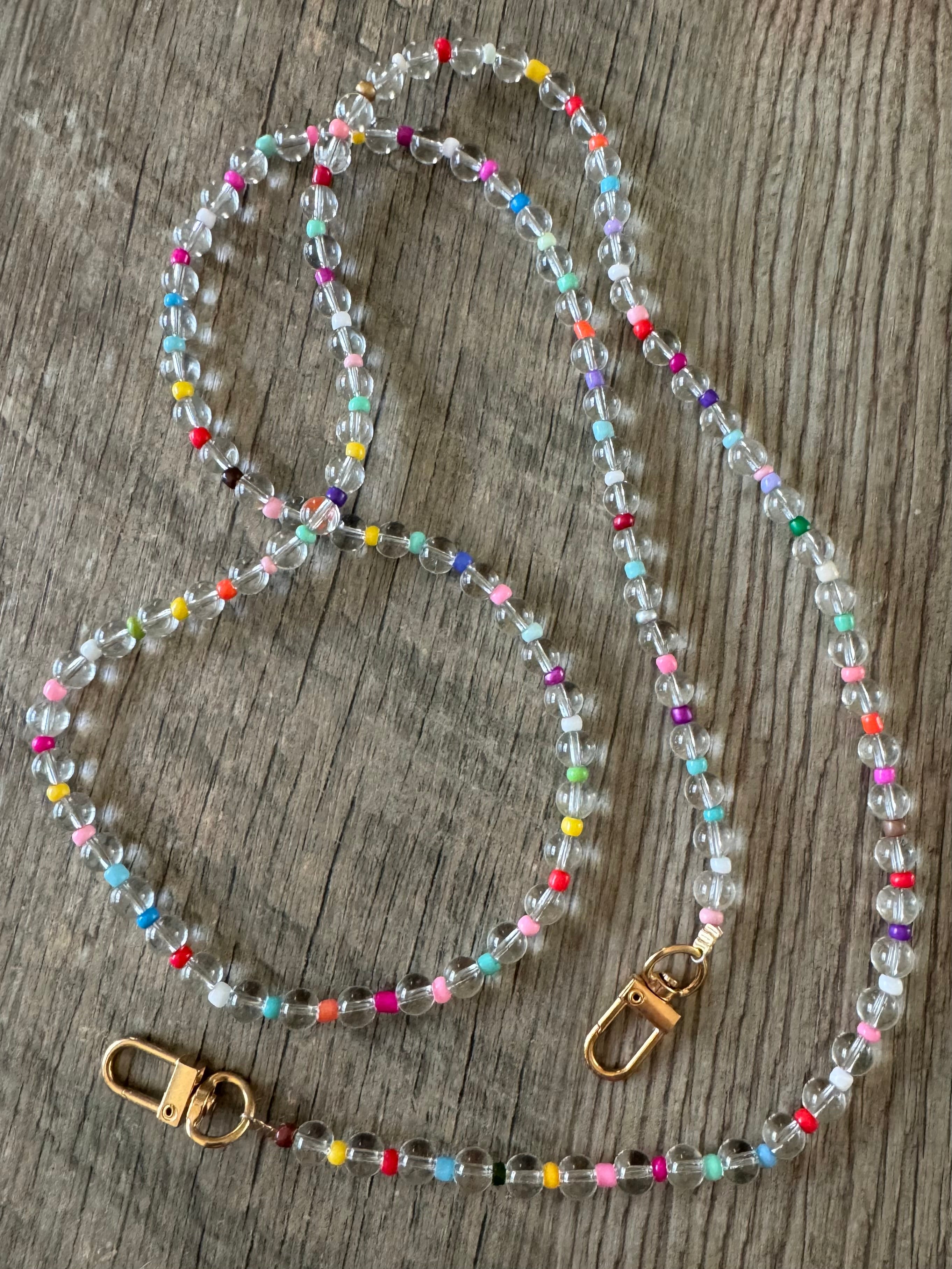 Rainbow and Glass Beaded ID Badge Lanyard / Crossbody Phone Strap / Bag Chain Purse Charm