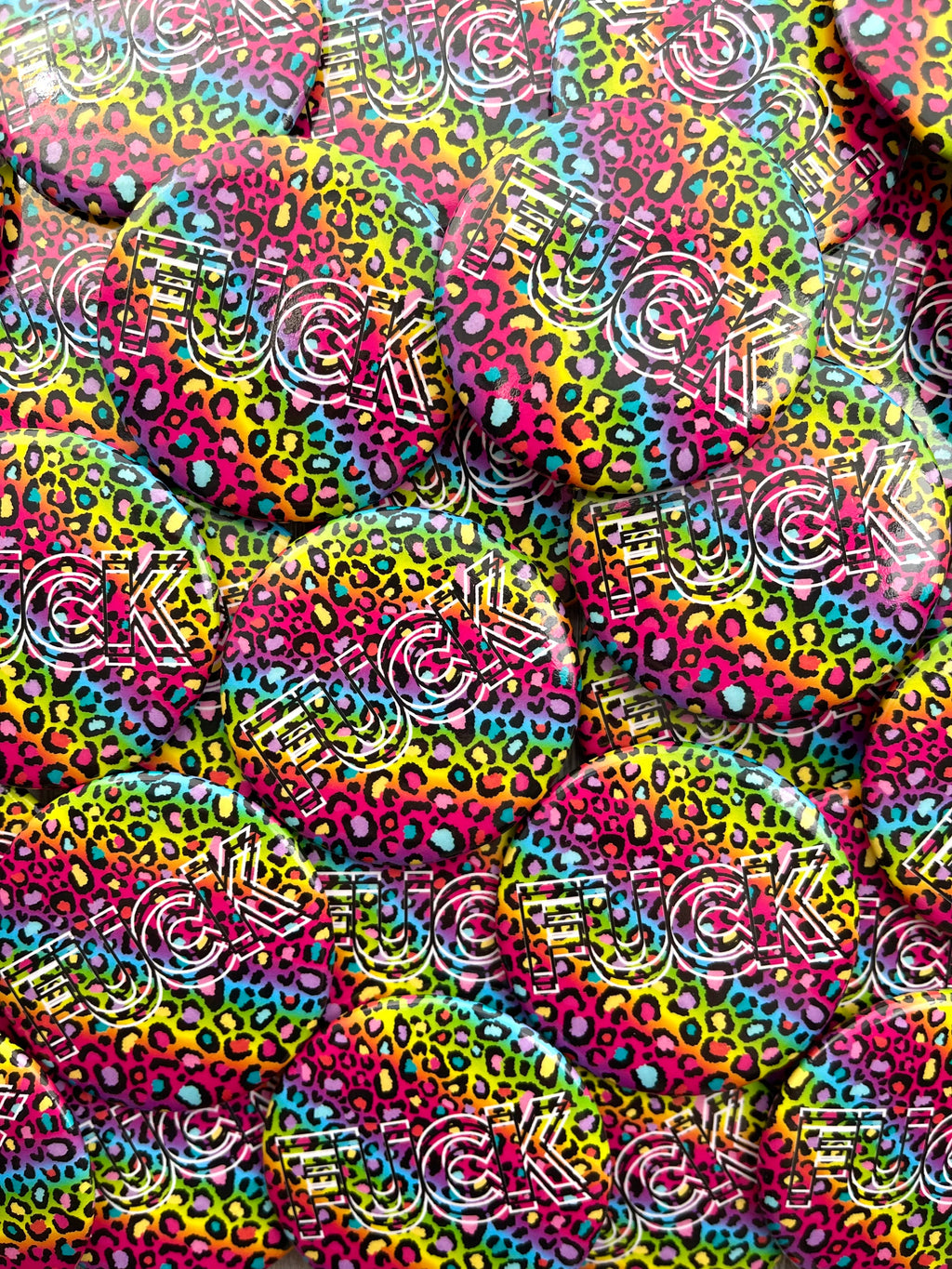 Bespattered Facade Everyone's Favorite Word Rainbow Leopard Print Button Pin