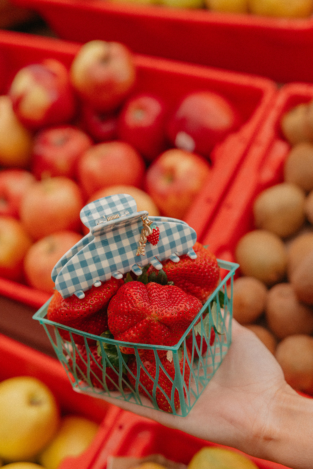 BLUE GINGHAM STRAWBERRY CHARM CLAW