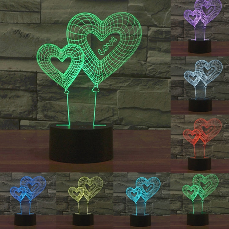 Double Heart Balloon Style 3D Touch Switch Control LED Light , 7 Color Discoloration Creative Visual Stereo Lamp Desk Lamp Night Light