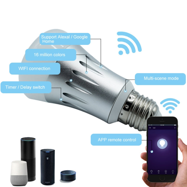E27 7W White Light+RGB Smart LED Light Bulb, WiFi 2.4GHz Works with Alexa & Google Home, FCC / CE / RoHS Certificated, AC 85-265V