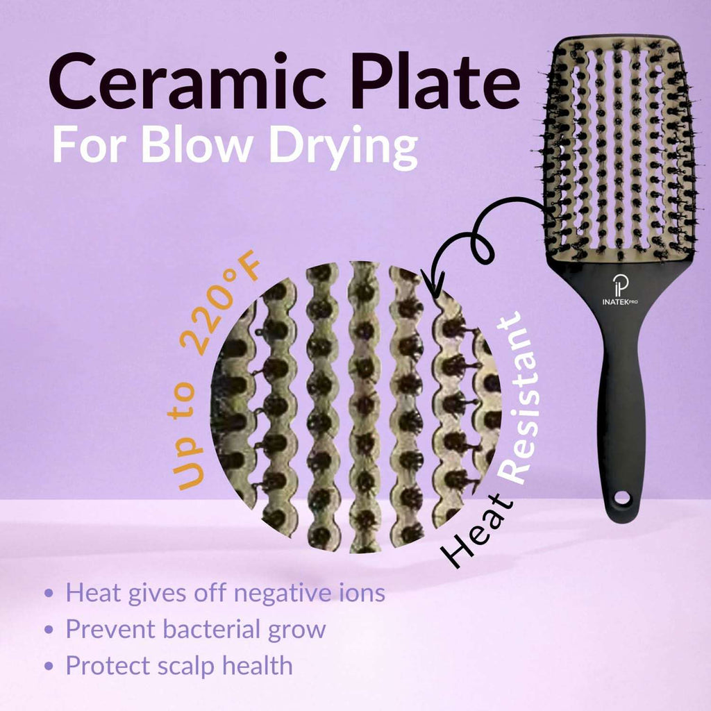 INATEKPRO Curved Vented Boar Bristle Detangler Brush - GREY | LARGE