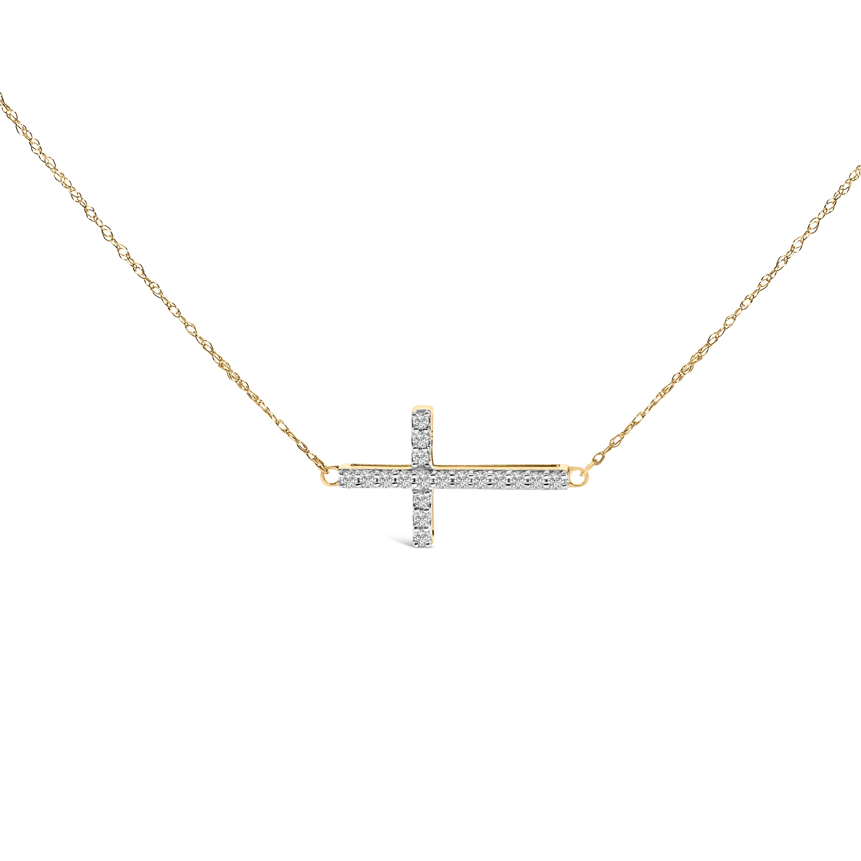 10K Yellow Gold 1/5 Cttw Diamond Sideways Cross Pendant Necklace