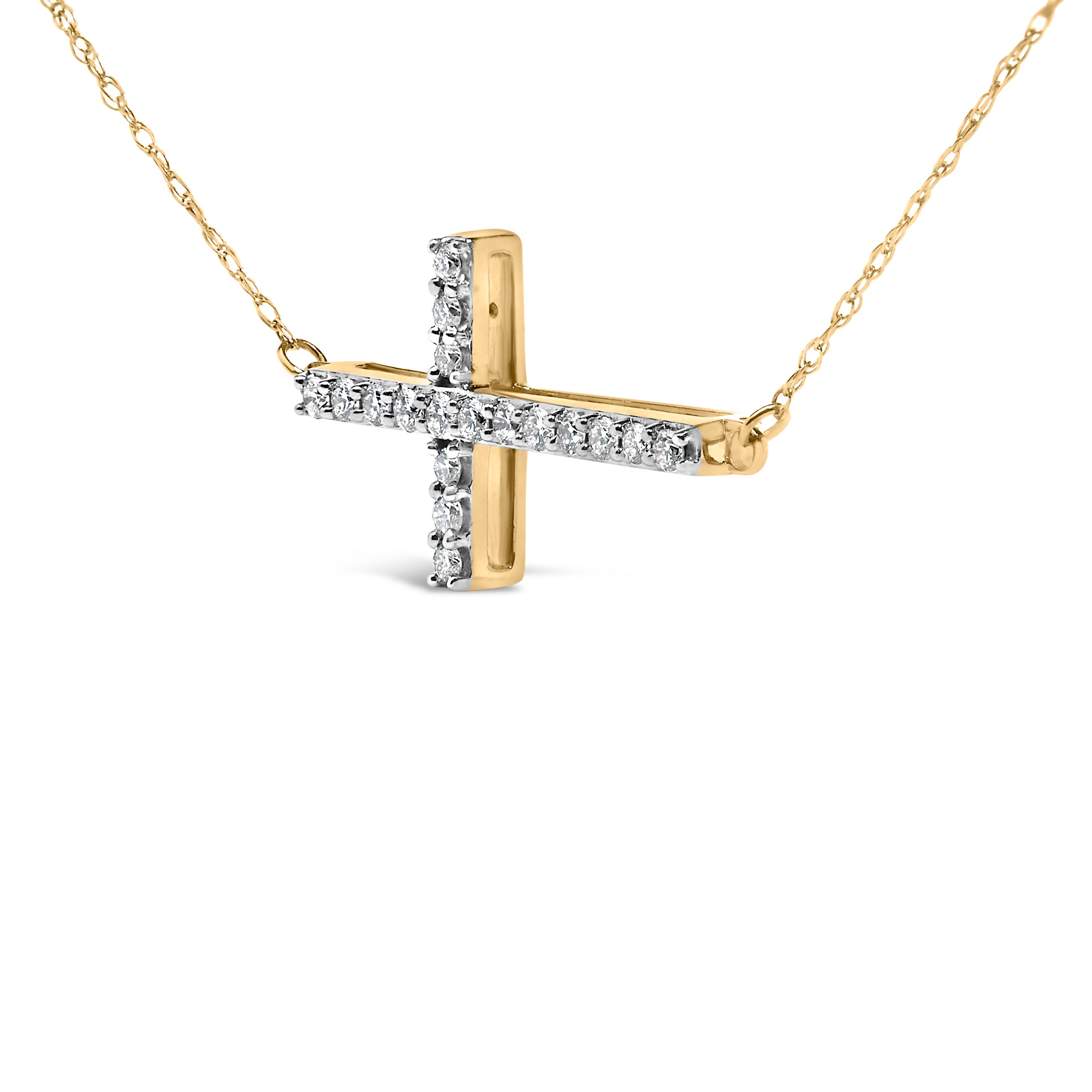 10K Yellow Gold 1/5 Cttw Diamond Sideways Cross Pendant Necklace