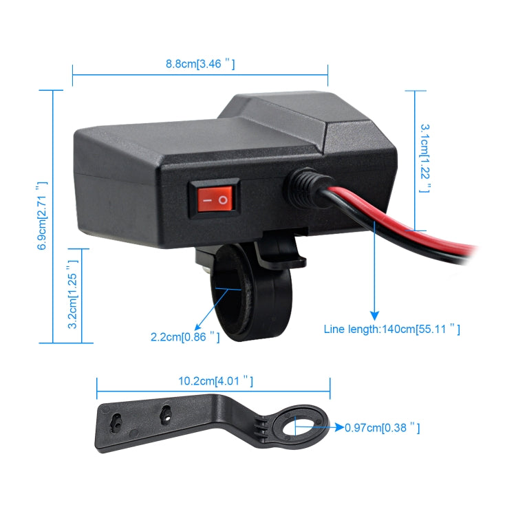 CS-1072B1 Motorcycle Dual USB Charger + Voltmeter with Cigarette Lighter & Cigarette Butts (Black)