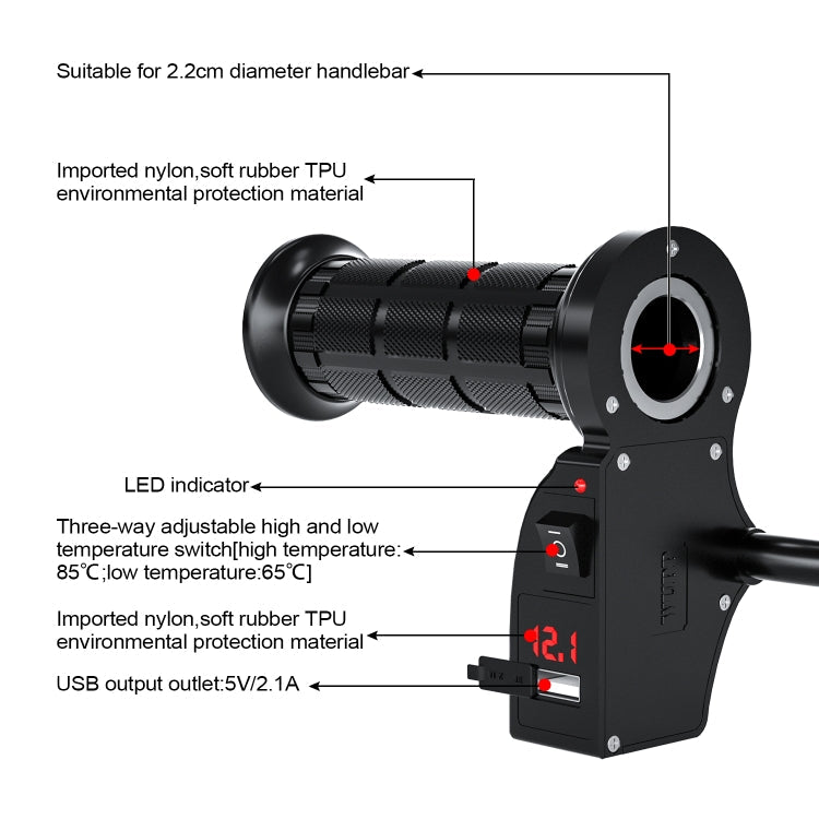 CS-503A1 Motorcycle Modified Electric Heating Hand Cover Heated Grip Handlebar with Digital Voltmeter(Red)